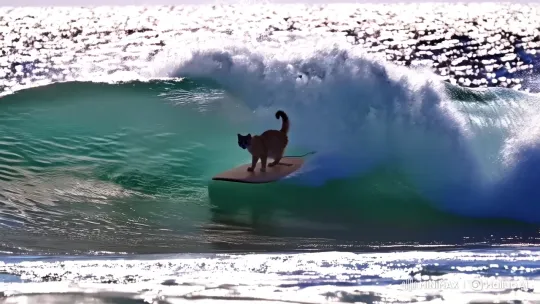 Cat Surfs Majestic Ocean Wave with Grace – AI Generated Video | Hailuo AI