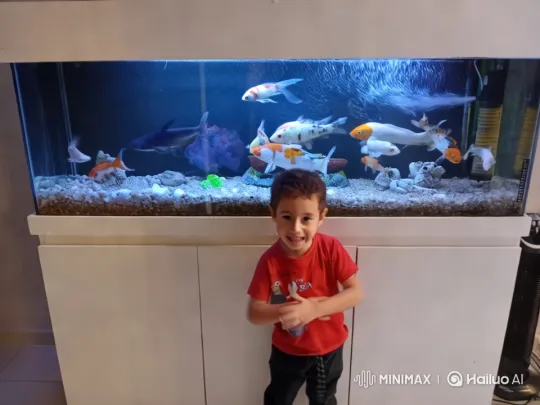 Boy Engages in Playful Stance with Aquarium Fish – AI Generated Video | Hailuo AI