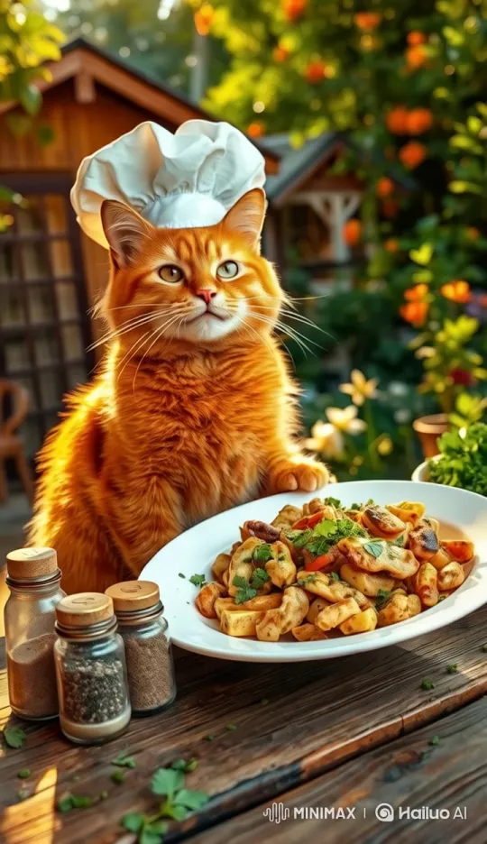 Orange Tabby Chef Proudly Serves Gourmet Stir-Fry – AI Generated Video | Hailuo AI