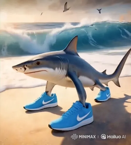 Shark in Nike Sneakers Amidst Beach Drama – AI Generated Video | Hailuo AI