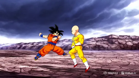 Goku vs. Saitama: Epic Battle in a Desolate Landscape – AI Generated Video | Hailuo AI