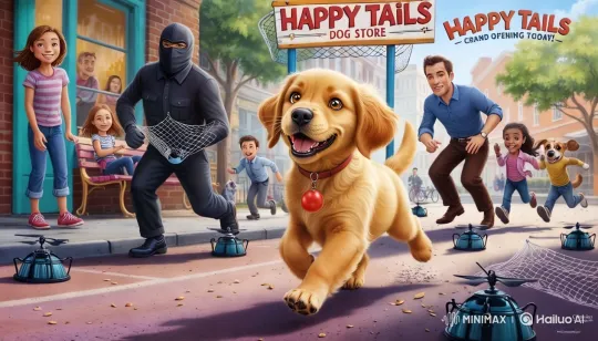 Grand Opening Chaos: Puppy Escapes Drones at Happy Tails – AI Generated Video | Hailuo AI