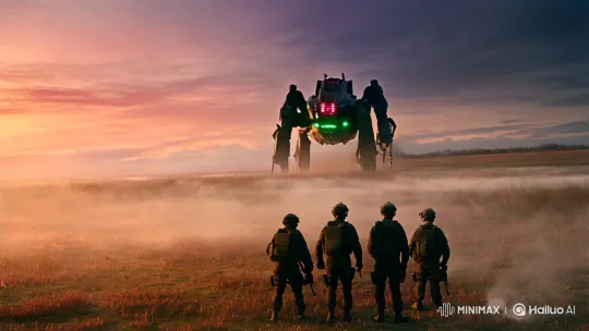Sci-Fi Battle: Sunset, Mech Advances on Silent Soldiers – AI Generated Video | Hailuo AI