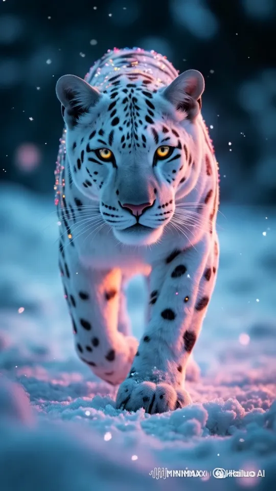 Snow Leopard Advances in Crisp 32K UHD Snowscape – AI Generated Video | Hailuo AI