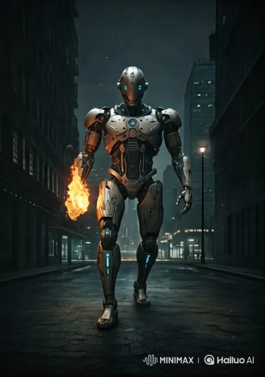 Futuristic Robot Walks Through Dark Urban Street – AI Generated Video | Hailuo AI