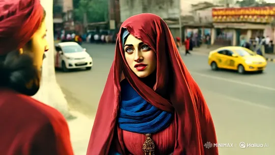 Woman in Red Headscarf Engages in Heated Debate on Bustling City Street – AI Generated Video | Hailuo AI