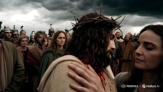 8K Video: Maria Magdalena Holds the Crowned Jesus Amidst Dramatic Crowds and Stormy Skies – AI Generated Video | Hailuo AI