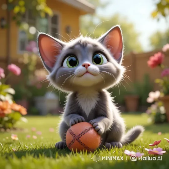 Cute Kitten in a Lush Garden with Orange Ball – AI Generated Video | Hailuo AI