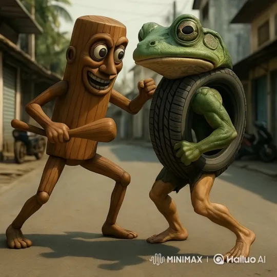 Wooden Figure Battles Frog in Street Showdown – AI Generated Video | Hailuo AI