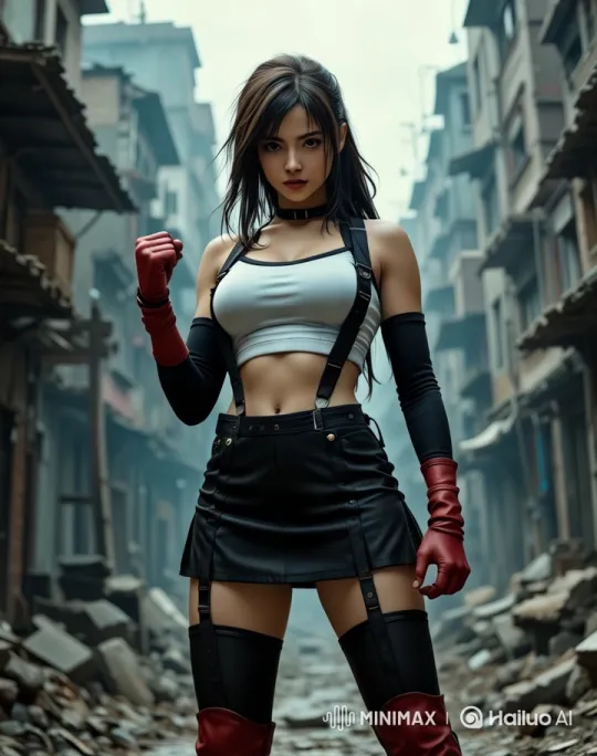 Confident Girl Defies with Raised Fist in Urban Decay – AI Generated Video | Hailuo AI