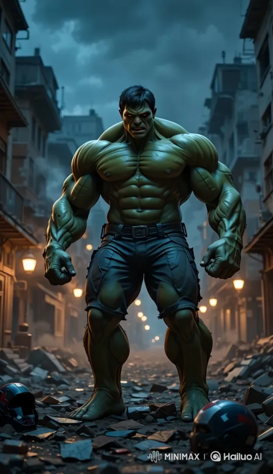 Powerful Figure Amidst Destruction: A Dynamic Visual Narrative – AI Generated Video | Hailuo AI