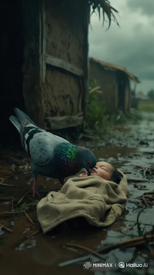 Hyper-Realistic 3D Scene: Pigeon Guides Baby to Hut in Flood – AI Generated Video | Hailuo AI
