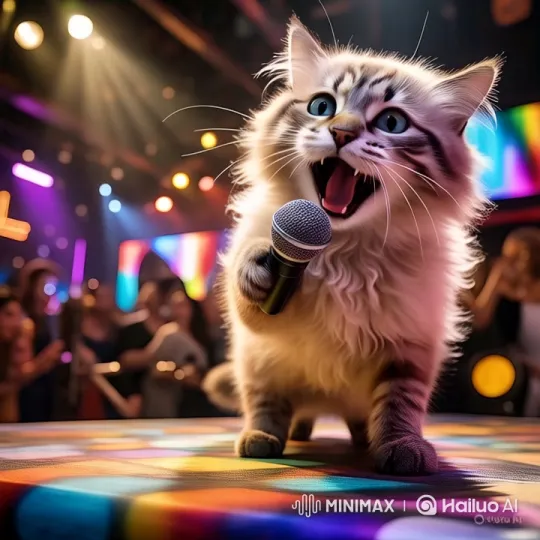 Fluffy Cat Sings and Dances on Vibrant Stage – AI Generated Video | Hailuo AI