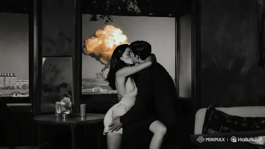 Intimate Couple Embraces Amidst Chaotic City Explosion – AI Generated Video | Hailuo AI