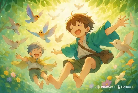 Children and Birds: Enchanted Forest Flight – AI Generated Video | Hailuo AI