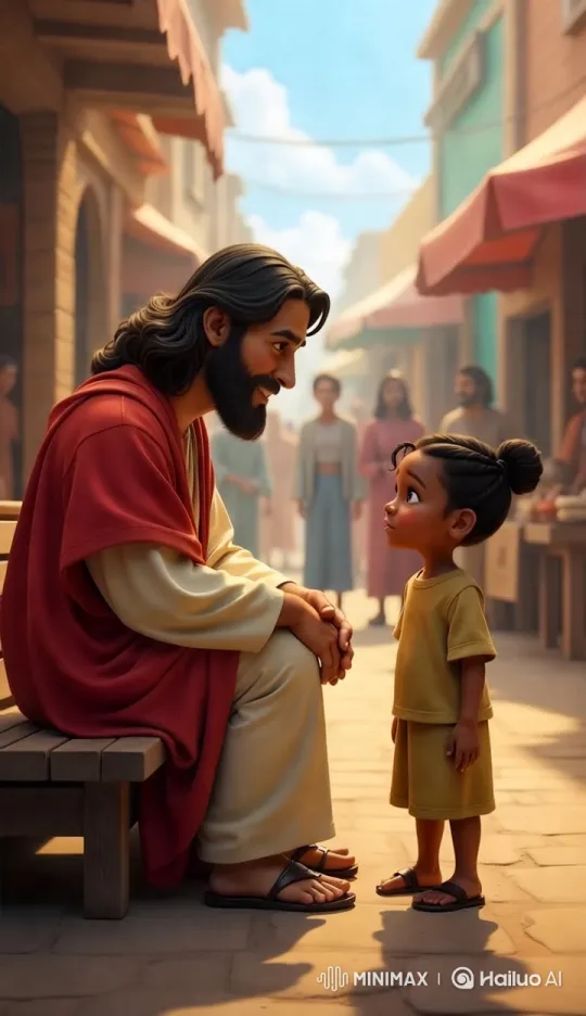 Jesus Engages with Child in Lively Marketplace Scene – AI Generated Video | Hailuo AI