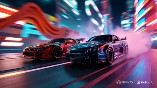 High-Performance Sports Cars Race in Neon-Lit Cityscape – AI Generated Video | Hailuo AI