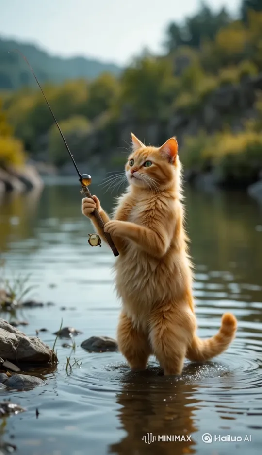 Cat Fishing: Human-like Stance by a Serene River – AI Generated Video | Hailuo AI