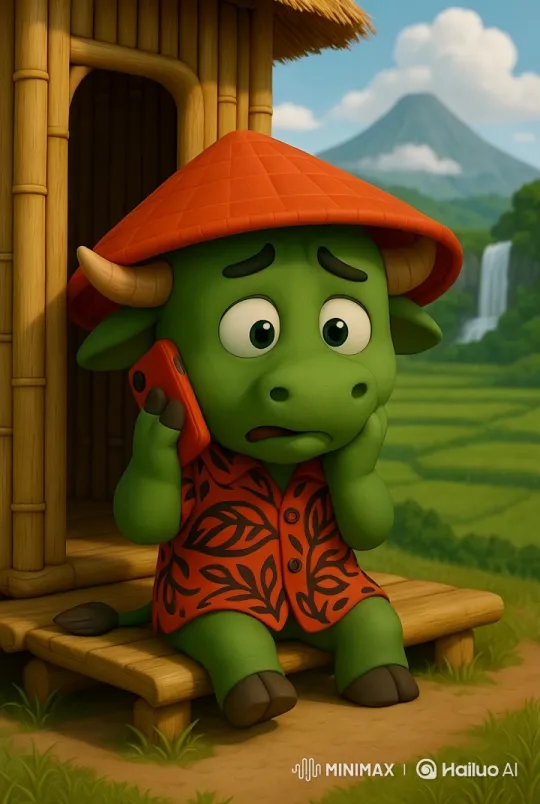 Green Creature Calls From Bamboo Hut, Worried Amidst Tranquility – AI Generated Video | Hailuo AI