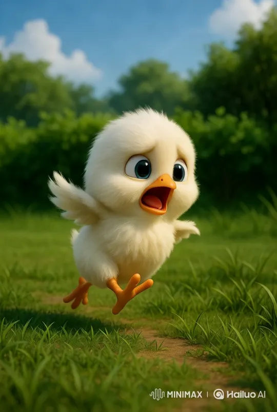 Fluffy Chick Startled by White Mouse in Lush Meadow – AI Generated Video | Hailuo AI