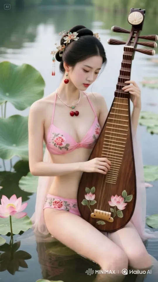 Woman in Lotus Pond Plays Pipa in 4K Serenity – AI Generated Video | Hailuo AI