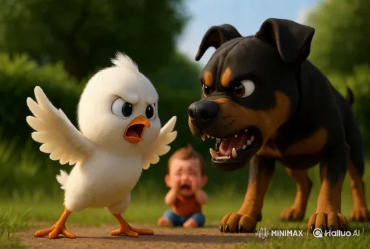 Small Chick Stands Up to Fierce Rottweiler – AI Generated Video | Hailuo AI