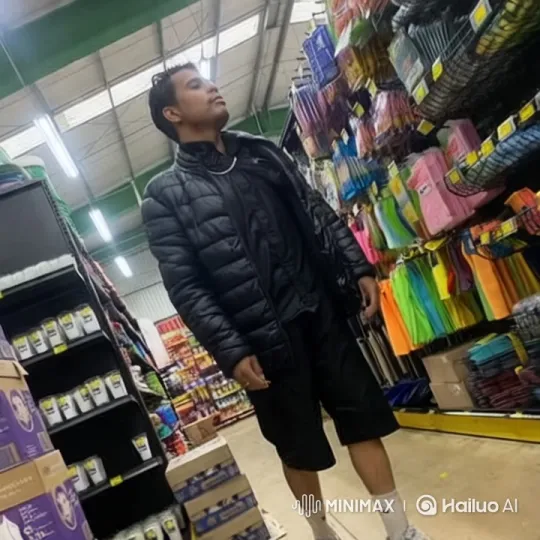 Man in Black Puffer Jacket Amidst Vibrant Store Aisle – AI Generated Video | Hailuo AI