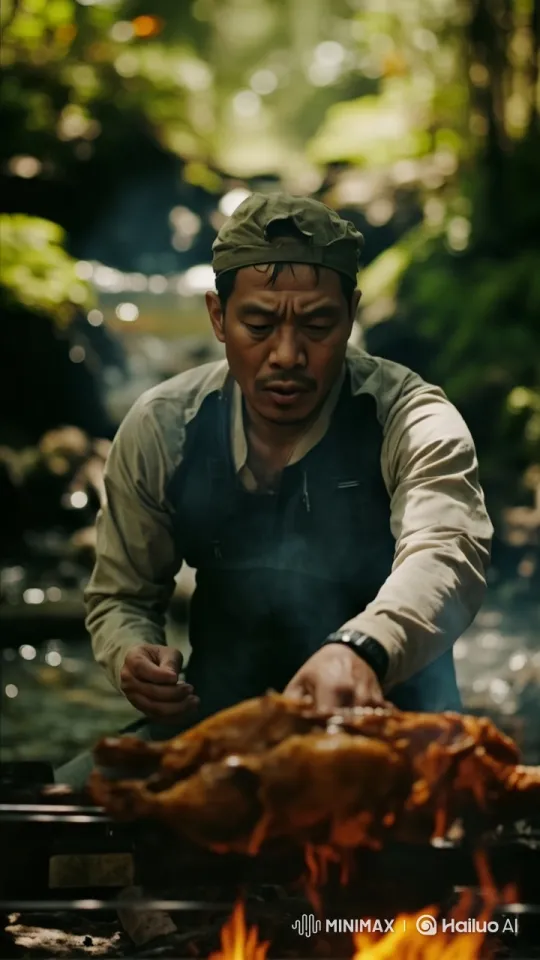 Outdoor Roasting: A Man, A Chicken, and Nature's Beauty – AI Generated Video | Hailuo AI