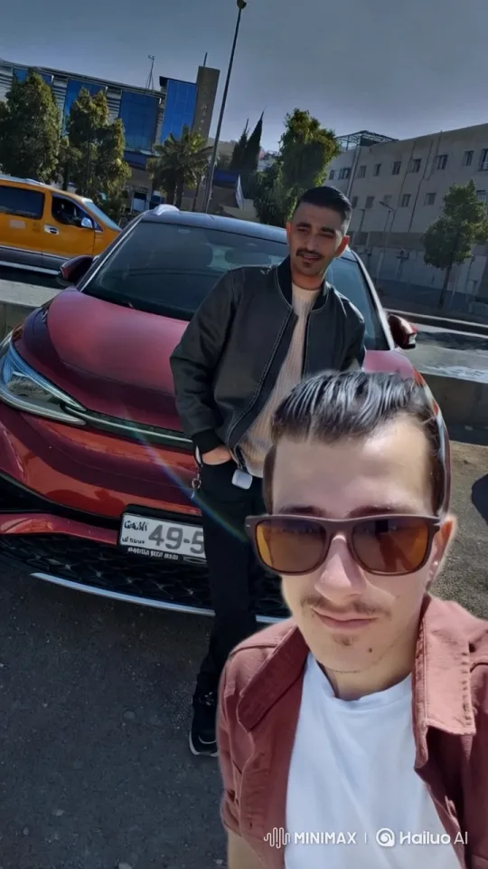 Two Men in Parking Lot with Red Car – AI Generated Video | Hailuo AI