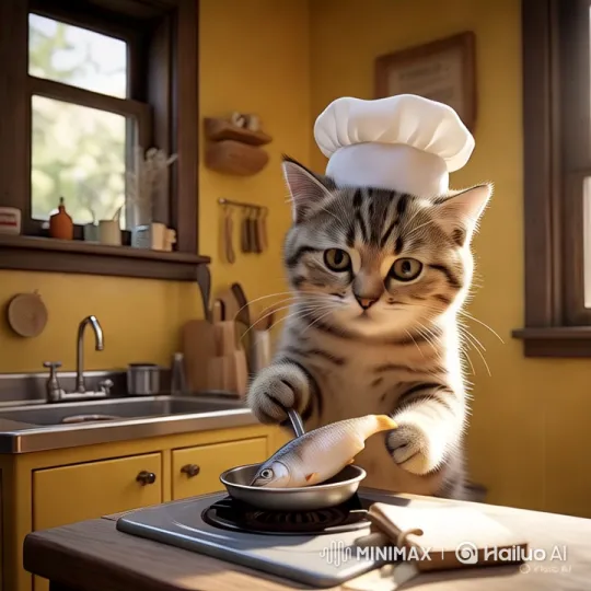 Feline Chef: Cat Cooks with Style in Cozy Kitchen – AI Generated Video | Hailuo AI