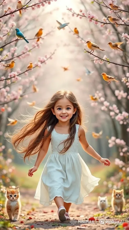 Cheerful Girl Plays with Birds and Kittens in Blossoming Garden – AI Generated Video | Hailuo AI