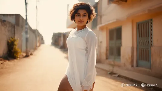 Confident Pakistani Tomboy in Serene Alley Captured by Cinematic Lens – AI Generated Video | Hailuo AI