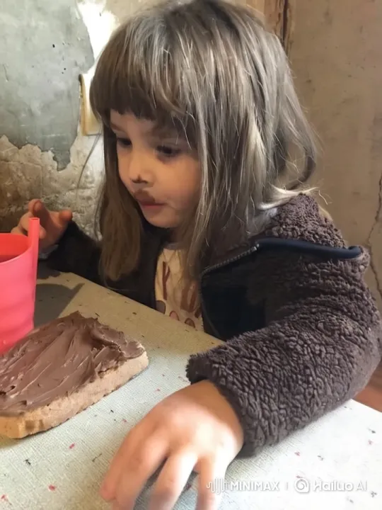 Child Spreads Chocolate on Bread at Rustic Table – AI Generated Video | Hailuo AI