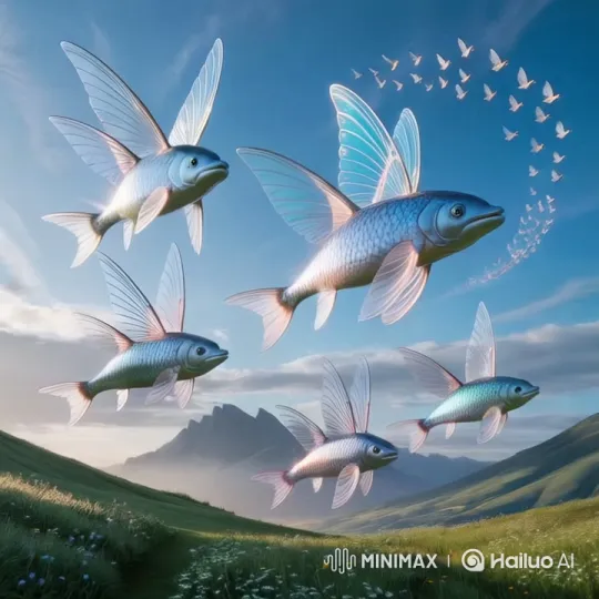 Harmonious Flight of Winged Dolphin Fish and Birds – AI Generated Video | Hailuo AI