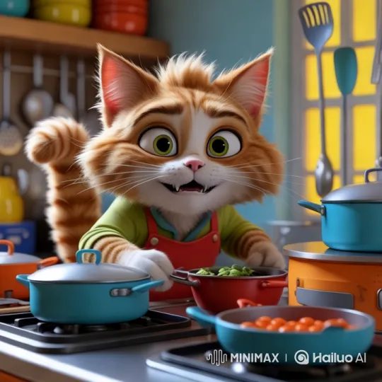 Orange Cat Cooks with Style in Colorful Kitchen – AI Generated Video | Hailuo AI