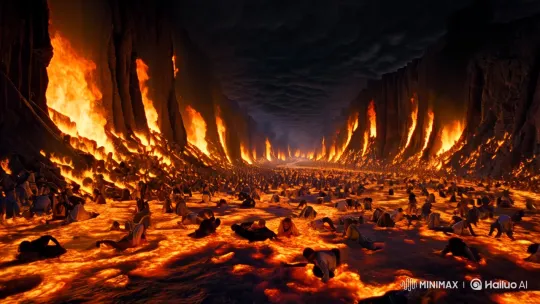 Slow Pan Reveals Eternal Torment in Fiery Hell Landscape – AI Generated Video | Hailuo AI