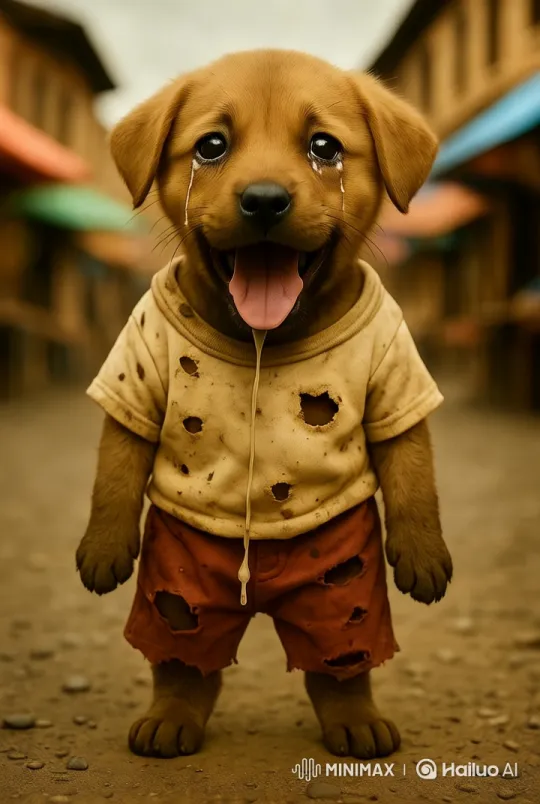 Emotional Animation: Tearful Dog on Cobblestone Street – AI Generated Video | Hailuo AI