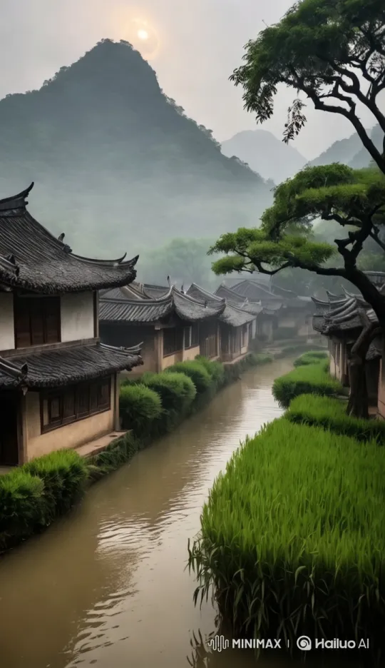 Traditional Chinese Harmony Amidst Rainy River Scene – AI Generated Video | Hailuo AI