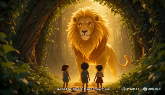Majestic Lion Razi Emerges, Seeks Help from Awe-Struck Kids – AI Generated Video | Hailuo AI