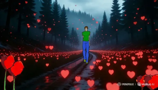 Romantic Walk Through Heart-Filled Forest – AI Generated Video | Hailuo AI