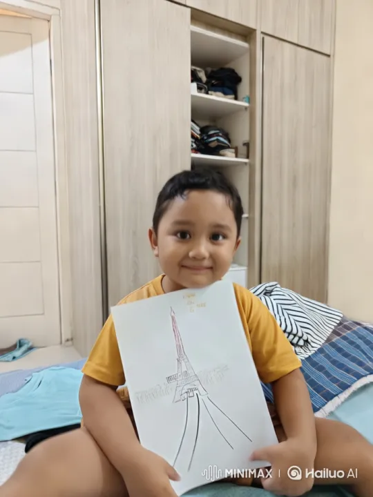 Child Sings Joyfully with Eiffel Tower Drawing – AI Generated Video | Hailuo AI