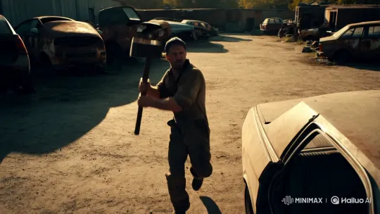 Man Smashes Car in Desolate Junkyard at Sunset – AI Generated Video | Hailuo AI