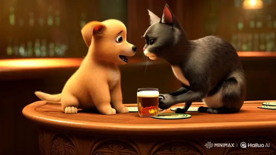 Puppy and Cat Share a Beer on Bar Chair – AI Generated Video | Hailuo AI