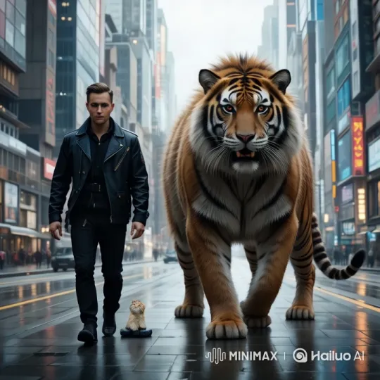 Urban Adventure: Man, Tiger, and Cat's Stylish Walk – AI Generated Video | Hailuo AI