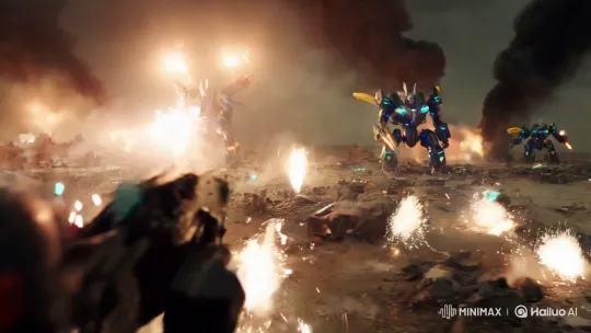 High-Stakes Mecha War: Aerial Battle Perspective – AI Generated Video | Hailuo AI