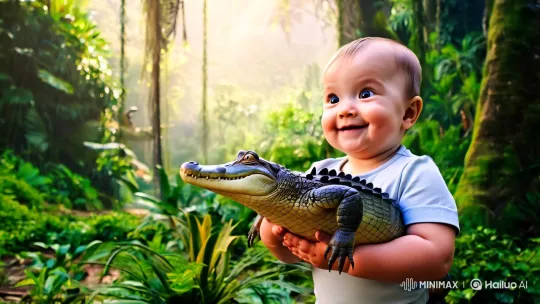 Baby and Crocodile: A Serene Jungle Harmony – AI Generated Video | Hailuo AI