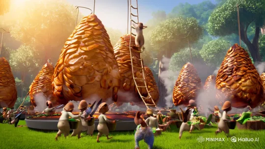 Whimsical Feast: Miniature Workers Prepare Giant Meal in Forest – AI Generated Video | Hailuo AI