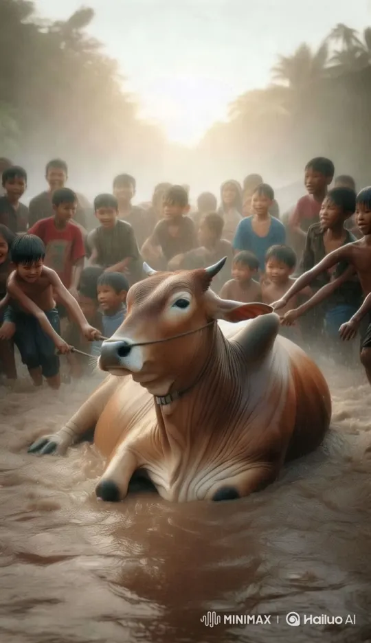 Villagers Celebrate Rescued Cow by Riverbank – AI Generated Video | Hailuo AI