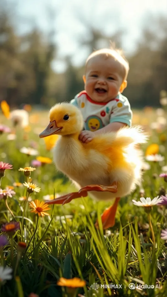 Baby and Oversized Duckling Play in Colorful Meadow – AI Generated Video | Hailuo AI