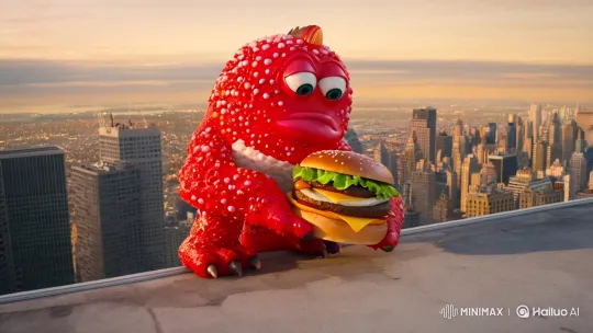 Surreal Rooftop Encounter: Candy Monster vs. Giant Hamburger – AI Generated Video | Hailuo AI